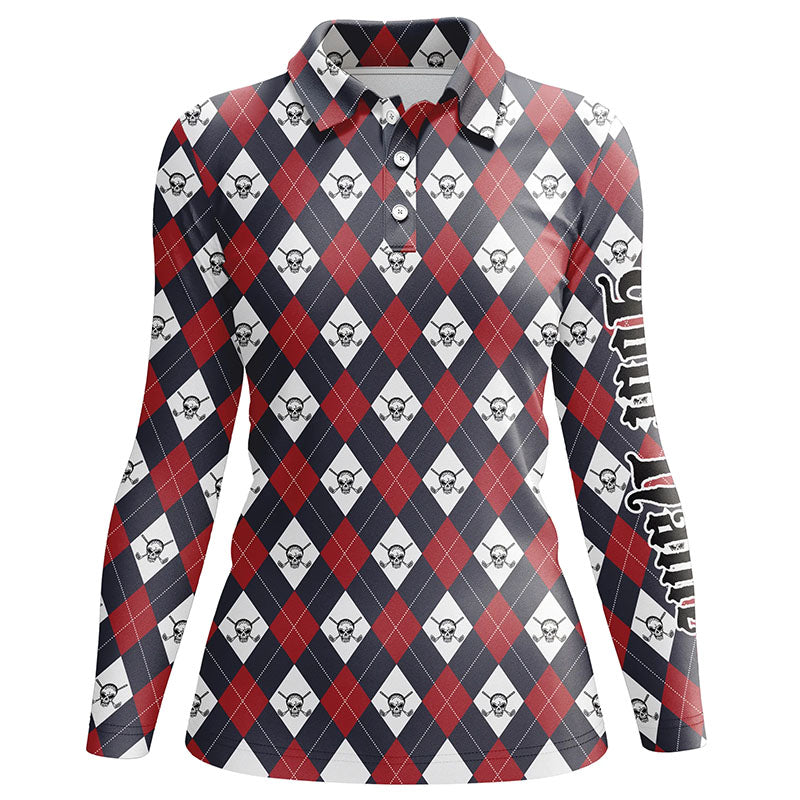 Womens golf polo shirts argyle plaid pattern golf skull custom name team ladies golf tops, golf gifts NQS6021