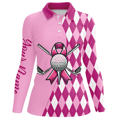 Women golf polo shirts custom pink argyle pattern Breast Cancer awareness golf apparel for ladies NQS8128