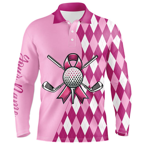 Mens golf polo shirts custom pink argyle pattern Breast Cancer awareness golf apparel for men NQS8128