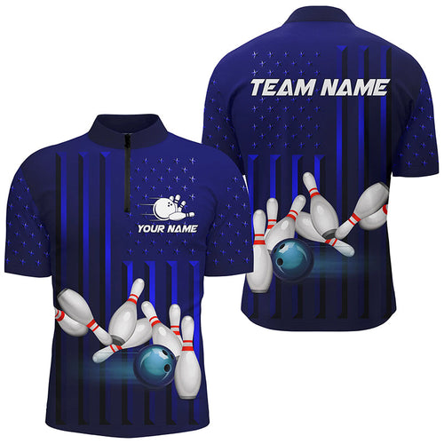 Blue American Flag patriotic Bowling Polo, 1/4 Zip Shirts For Men, custom team bowling shirts NQS8362