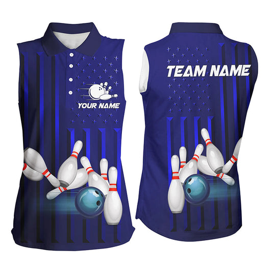 Blue American Flag patriotic Bowling Sleeveless Polo Shirts For Women, custom team bowling shirts NQS8362