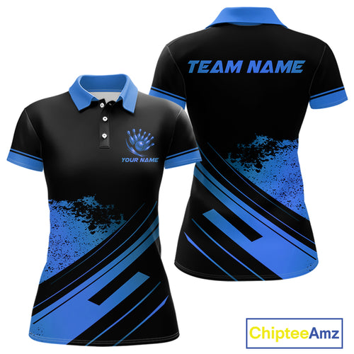 Custom Black And Blue Bowling Team Polo, Quarter-Zip Shirts For Women, Personalized Bowling Jerseys NQS10539