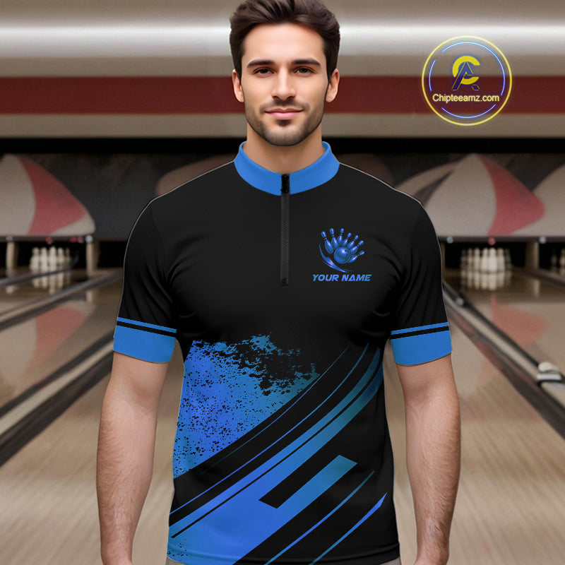 Custom Black And Blue Bowling Team Polo, Quarter-Zip Shirts For Men, Personalized Bowling Jerseys NQS10539