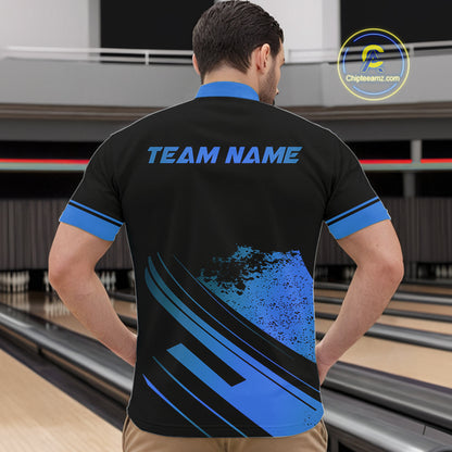 Custom Black And Blue Bowling Team Polo, Quarter-Zip Shirts For Men, Personalized Bowling Jerseys NQS10539