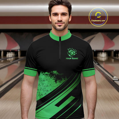 Custom Black And Green Bowling Team Polo, Quarter-Zip Shirts For Men, Personalized Bowling Jerseys NQS10540