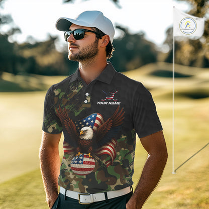 Black and Green Camo American Flag Eagle Golf Polo Shirts For Men Custom Patriotic Team Golf Jersey NQS10953