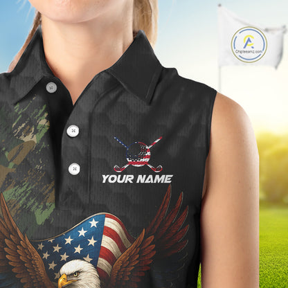 Black & Green Camo American Flag Eagle Womens sleeveless polo shirt Custom Patriotic Team Golf Jersey NQS10953