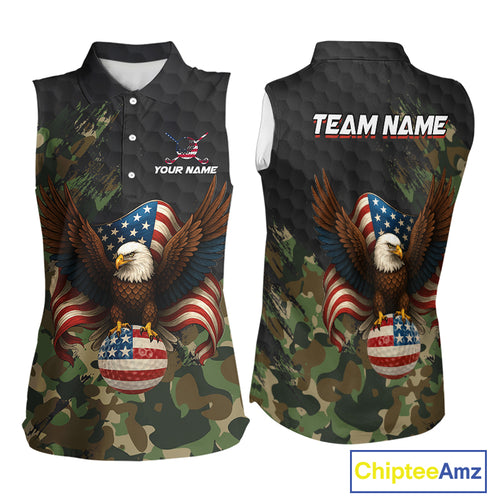 Black & Green Camo American Flag Eagle Womens sleeveless polo shirt Custom Patriotic Team Golf Jersey NQS10953