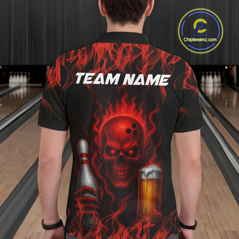 Red Skull and Beer Bowling shirts with flames Custom Bowling Polo, 1/4 Zip bowling outfits for men NQS10955
