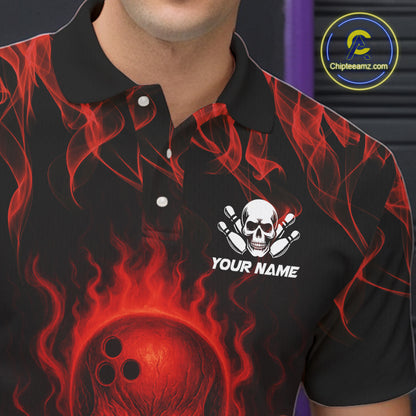 Red Skull and Beer Bowling shirts with flames Custom Bowling Polo, 1/4 Zip bowling outfits for men NQS10955