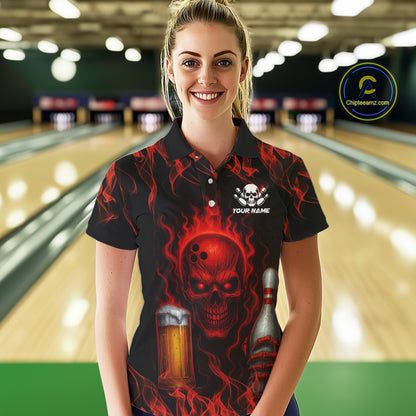 Red Skull and Beer Bowling shirts with flames Custom Bowling Polo, 1/4 Zip bowling outfits for Women NQS10955
