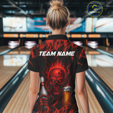 Load image into Gallery viewer, Red Skull and Beer Bowling shirts with flames Custom Bowling Polo, 1/4 Zip bowling outfits for Women NQS10955