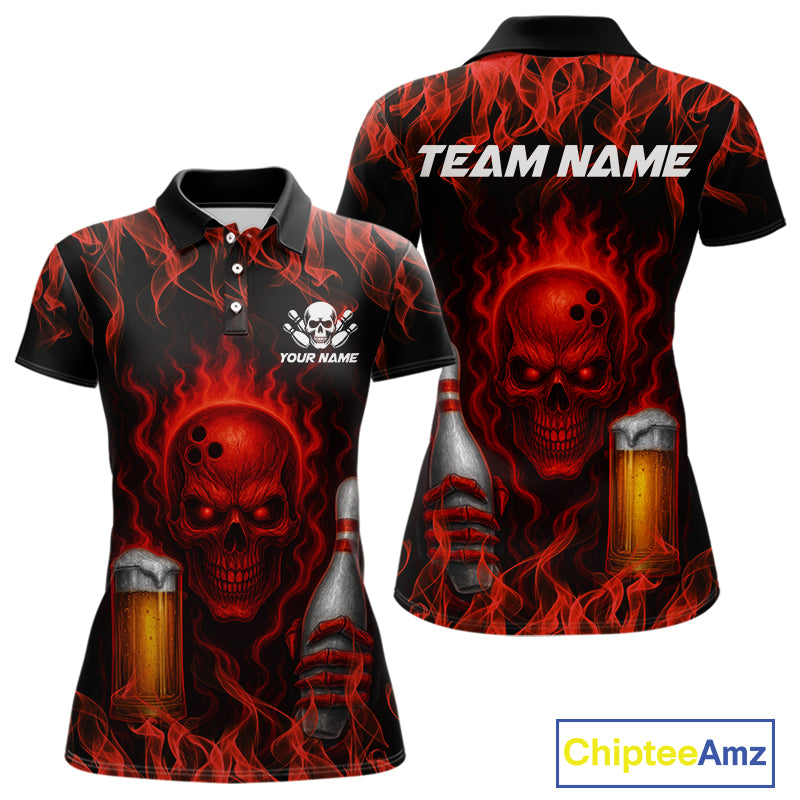 Red Skull and Beer Bowling shirts with flames Custom Bowling Polo, 1/4 Zip bowling outfits for Women NQS10955