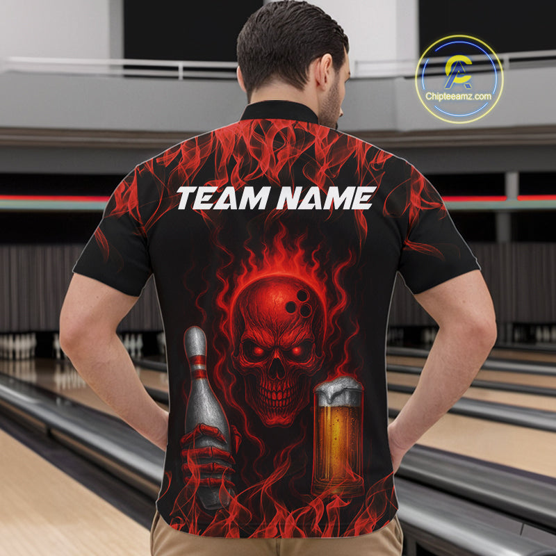 Red Skull and Beer Bowling shirts with flames Custom Bowling Polo, 1/4 Zip bowling outfits for men NQS10955