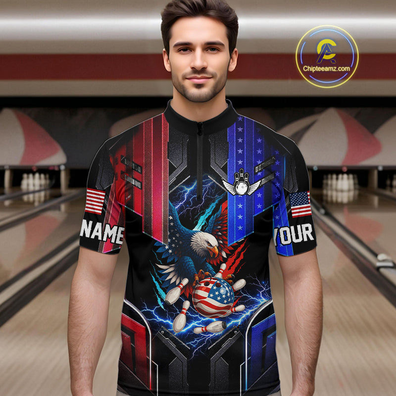 American flag bowling jersey Custom patriotic Lightning Thunder Eagle Bowling shirts for men NQS10958