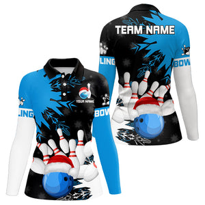 Christmas Bowling Polo, Quarter Zip Shirts For Women Custom Christmas Bowling Team Jerseys | Blue NQS9056