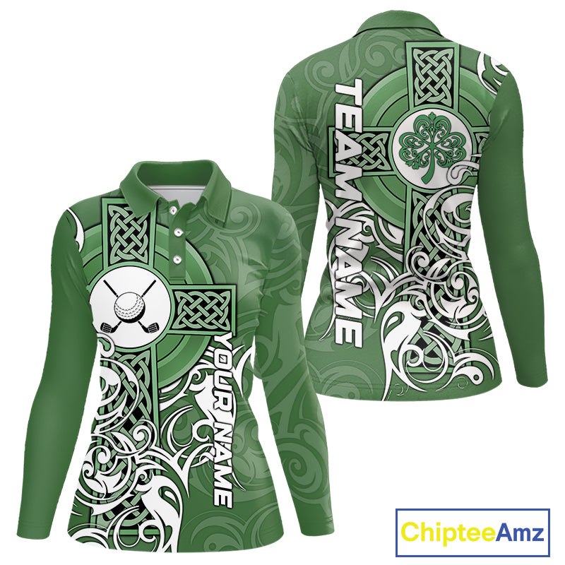 Green Irish Tribal Cross St Patrick's Day Womens Golf Polo Shirts Custom Lucky Golf Team Jerseys NQS11335