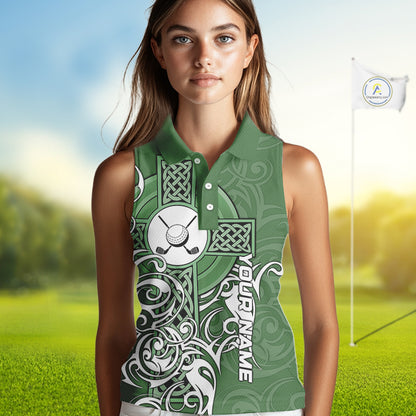 Green Irish Tribal Cross St Patrick's Day Women Sleeveless polo shirt Custom Lucky Golf Team Jerseys NQS11335