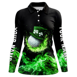 Personalized Green Flame Smoke Lucky clover golf polo shirt for Women custom St Patrick Day golf shirt NQS9450