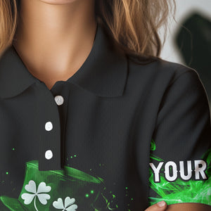 Personalized Green Flame Smoke Lucky clover golf polo shirt for Women custom St Patrick Day golf shirt NQS9450