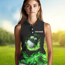 Load image into Gallery viewer, Personalized Green Flame Smoke Lucky clover Sleeveless golf polos custom St Patrick Day golf shirt NQS9450