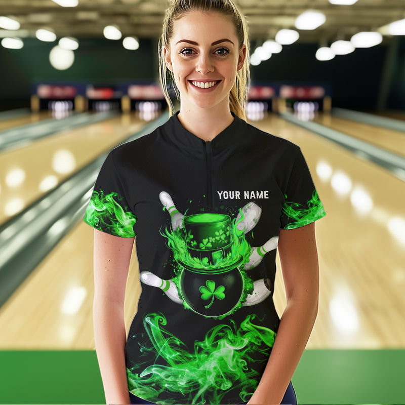 Green Flame Smoke Lucky clover Bowling Shirts For Women Custom St Patrick Day Bowling Team Jersey NQS9451