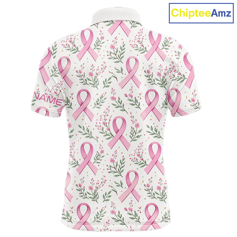 Pink ribbons floral pattern Breast Cancer golf polo shirts for men Custom team golf attire for men NQS11551