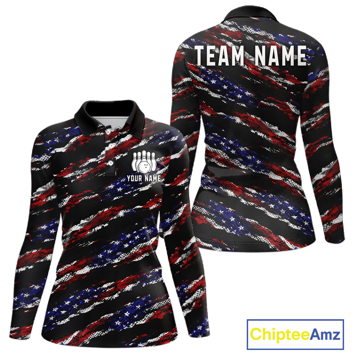 Black American Flag pattern bowling shirt for Women custom patriotic jersey team ladies bowling gifts NQS11552
