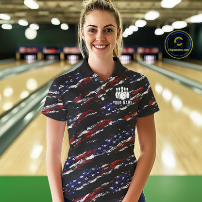 Black American Flag pattern bowling shirt for Women custom patriotic jersey team ladies bowling gifts NQS11552