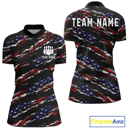 Black American Flag pattern bowling shirt for Women custom patriotic jersey team ladies bowling gifts NQS11552