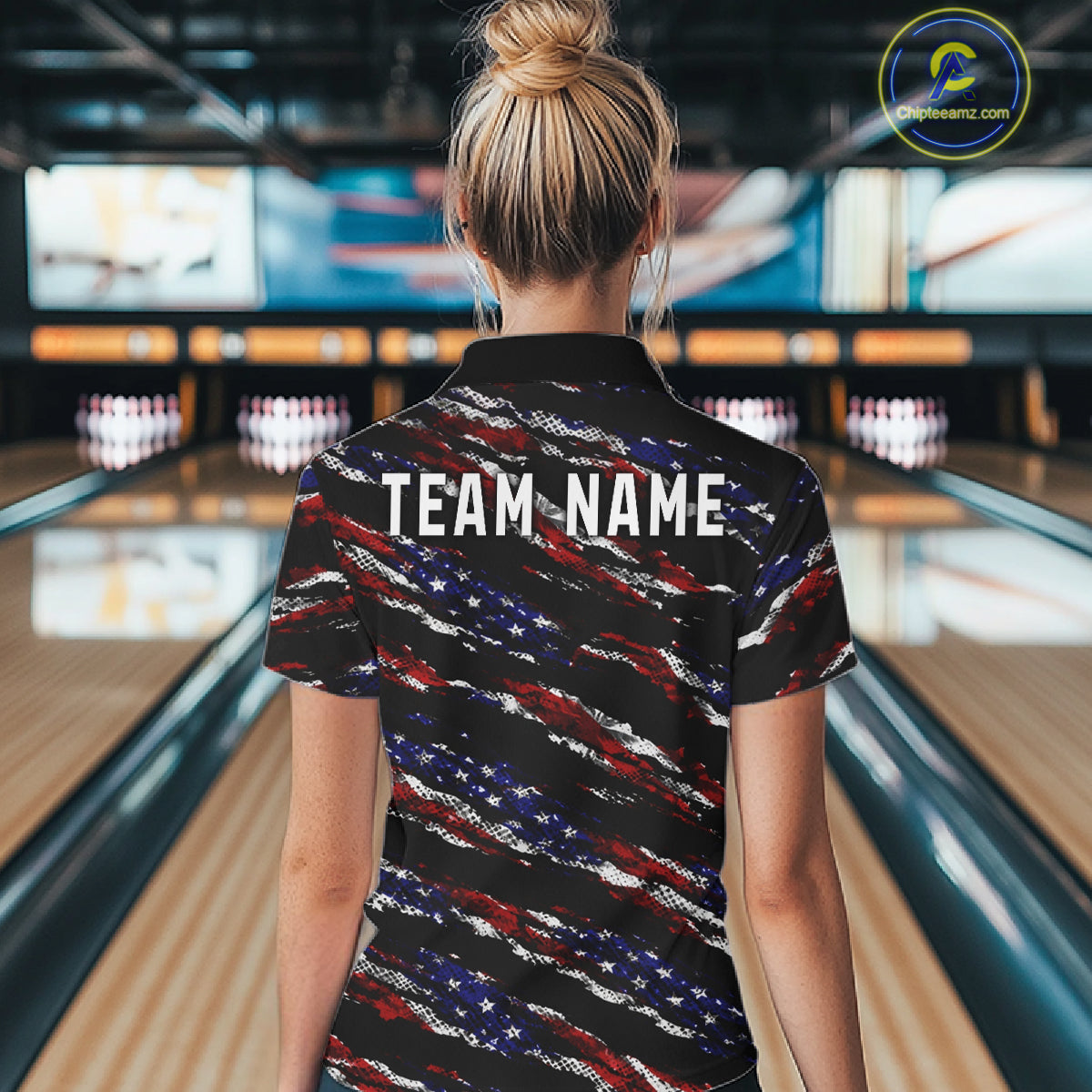 Black American Flag pattern bowling shirt for Women custom patriotic jersey team ladies bowling gifts NQS11552