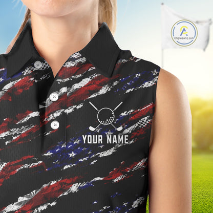 Black American Flag pattern Sleeveless Golf Polo shirts for Women custom ladies patriotic golf shirts NQS11553
