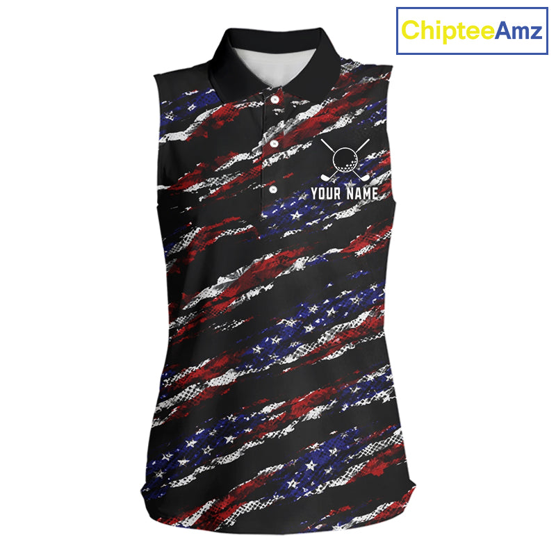 Black American Flag pattern Sleeveless Golf Polo shirts for Women custom ladies patriotic golf shirts NQS11553