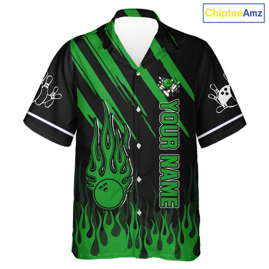 Black and Green Flame Retro Bowling Button-up Shirt Custom Vintage Team Hawaiian Bowling Jersey NQS11677