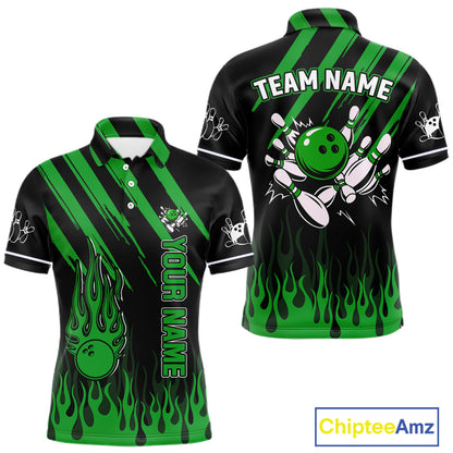 Black and Green Flame Retro Bowling Polo, 1/4 Zip Shirt for Men Custom Vintage Team Bowling Jersey NQS11677