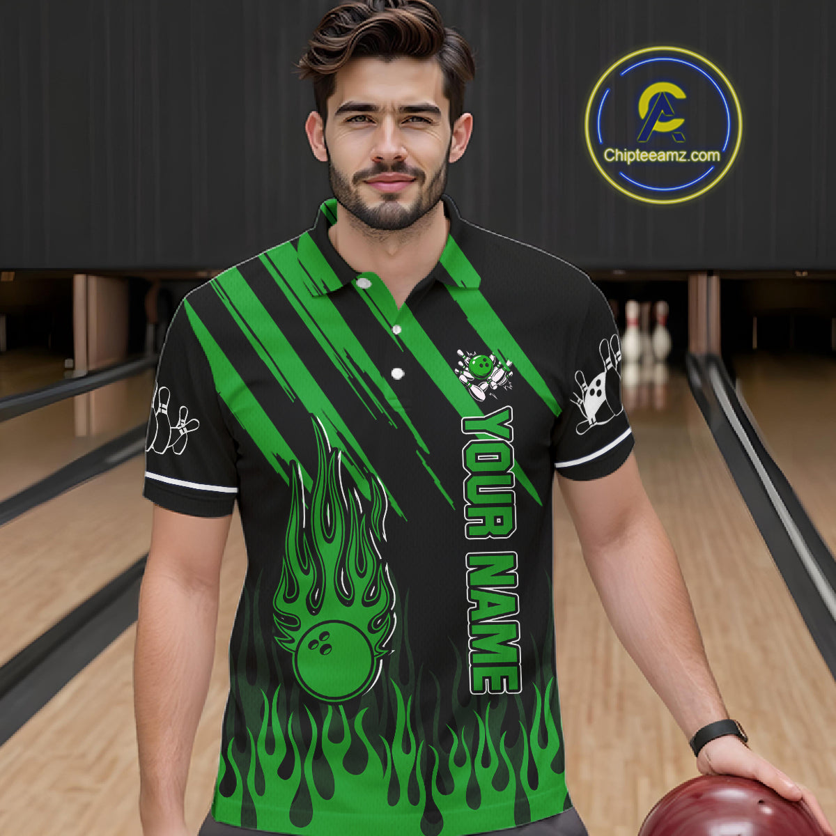 Black and Green Flame Retro Bowling Polo, 1/4 Zip Shirt for Men Custom Vintage Team Bowling Jersey NQS11677