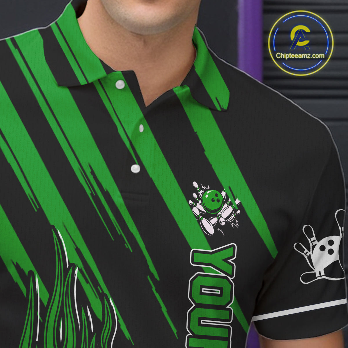 Black and Green Flame Retro Bowling Polo, 1/4 Zip Shirt for Men Custom Vintage Team Bowling Jersey NQS11677