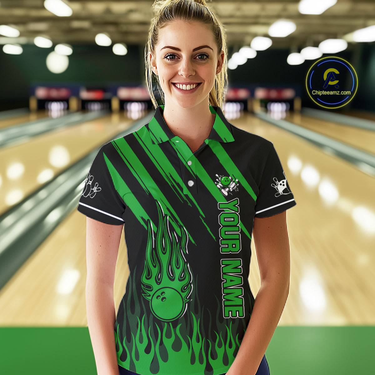 Black and Green Flame Retro Bowling Polo, 1/4 Zip Shirt for Women Custom Vintage Team Bowling Jersey NQS11677