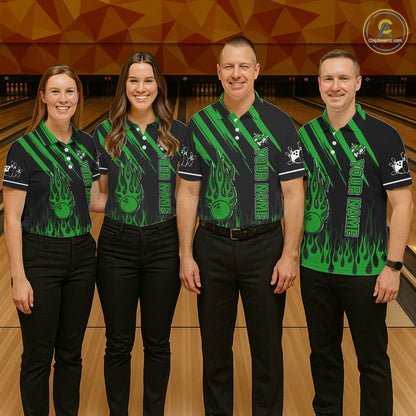 Black and Green Flame Retro Bowling Polo, 1/4 Zip Shirt for Women Custom Vintage Team Bowling Jersey NQS11677
