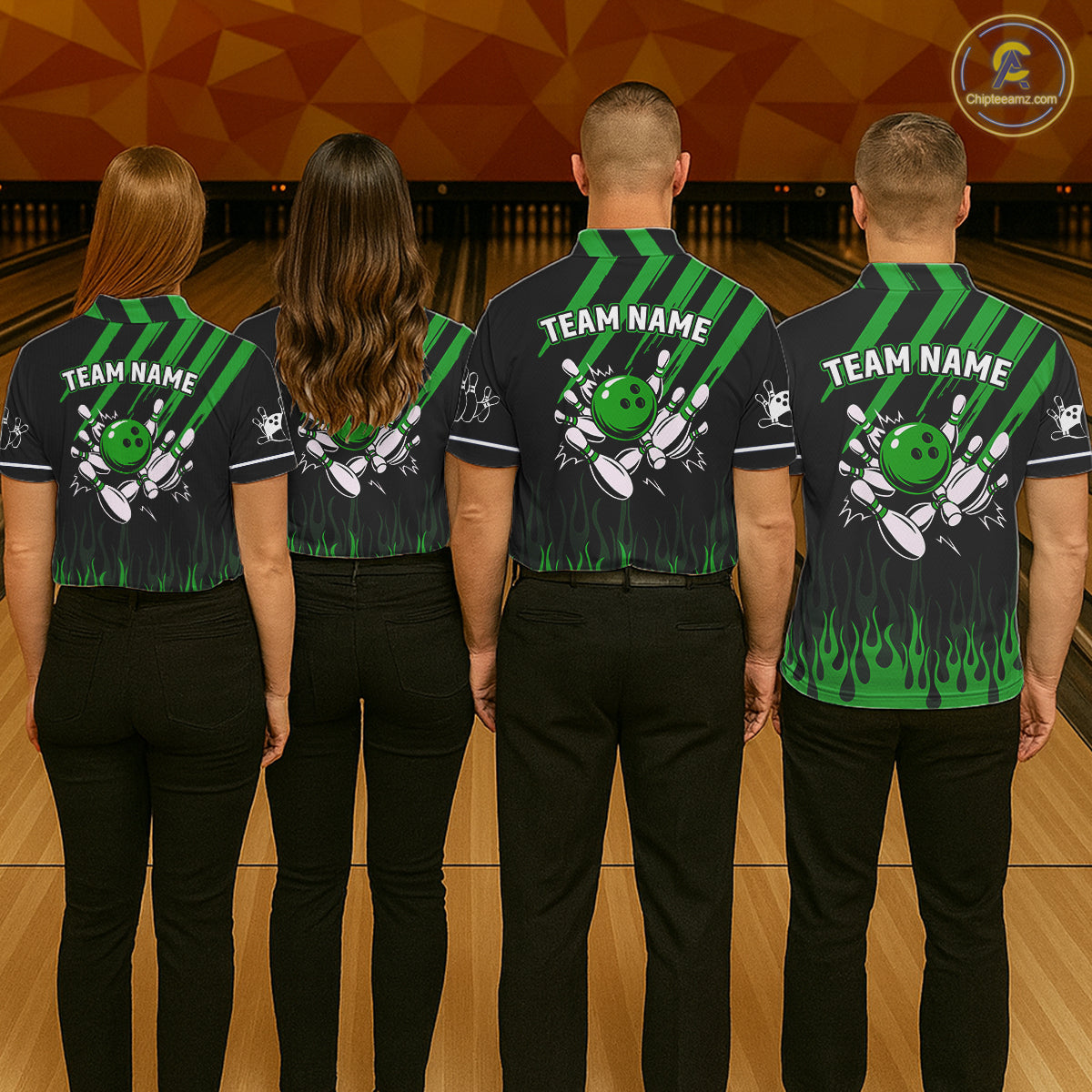 Black and Green Flame Retro Bowling Polo, 1/4 Zip Shirt for Women Custom Vintage Team Bowling Jersey NQS11677