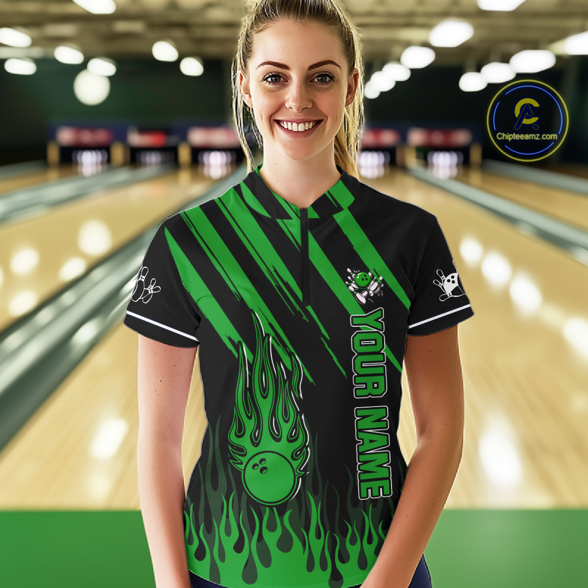 Black and Green Flame Retro Bowling Polo, 1/4 Zip Shirt for Women Custom Vintage Team Bowling Jersey NQS11677