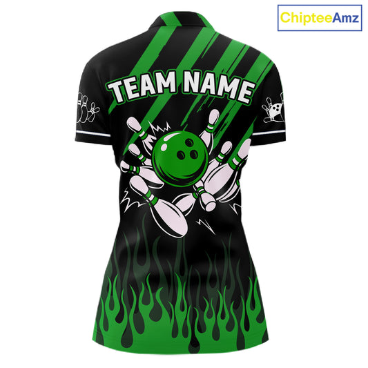 Black and Green Flame Retro Bowling Polo, 1/4 Zip Shirt for Women Custom Vintage Team Bowling Jersey NQS11677