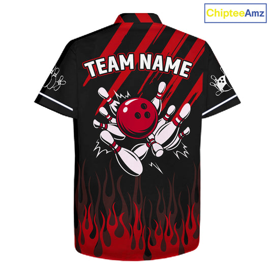 Black and Red Flame Retro Bowling Button-up Shirt Custom Vintage Team Hawaiian Bowling Jersey NQS11678