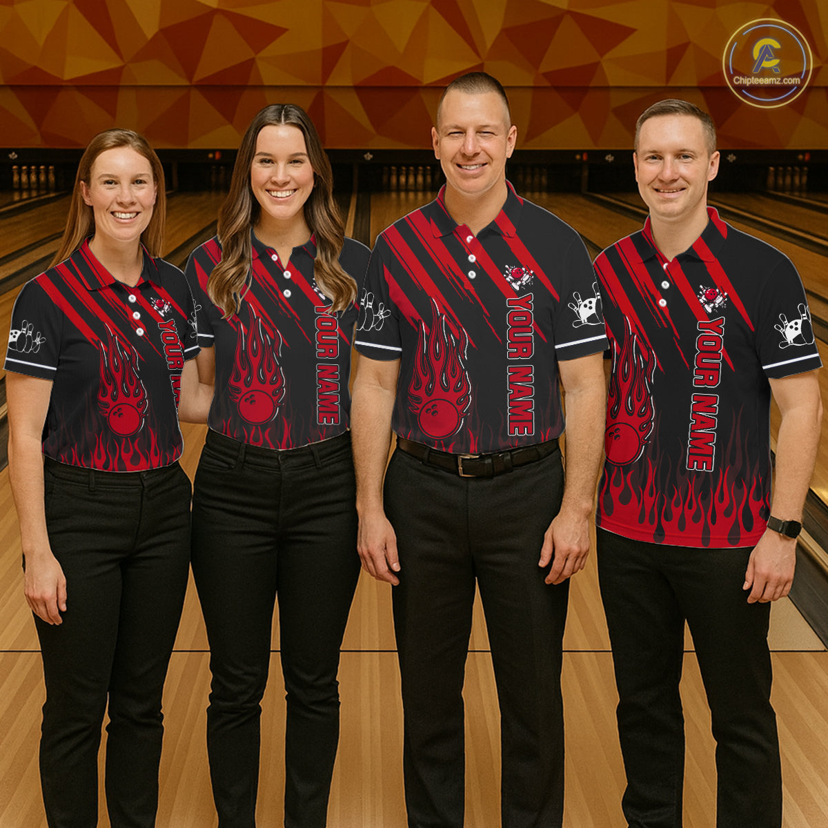 Black and Red Flame Retro Bowling Polo, 1/4 Zip Shirt for Women Custom Vintage Team Bowling Jersey NQS11678