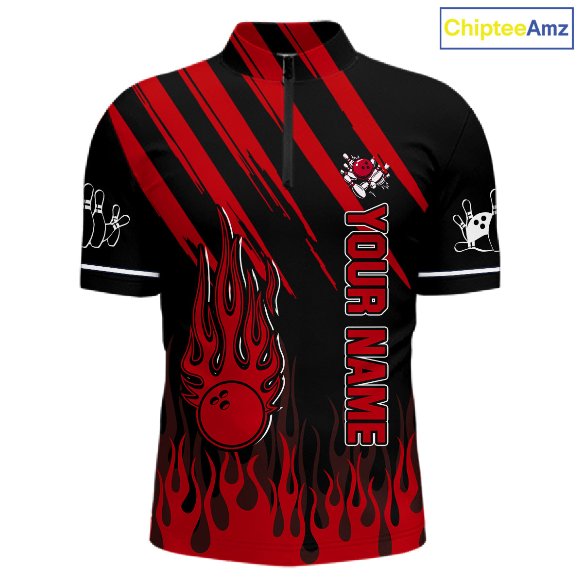 Black and Red Flame Retro Bowling Polo, 1/4 Zip Shirt for Men Custom Vintage Team Bowling Jersey NQS11678