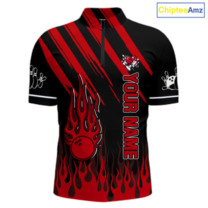Black and Red Flame Retro Bowling Polo, 1/4 Zip Shirt for Men Custom Vintage Team Bowling Jersey NQS11678