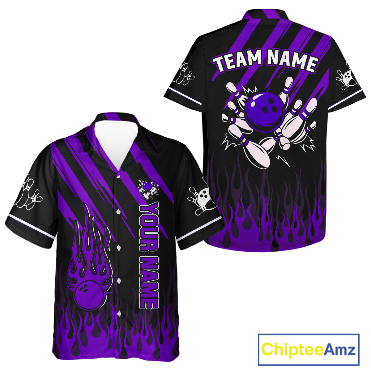 Black and Purple Flame Retro Bowling Button-up Shirt Custom Vintage Team Hawaiian Bowling Jersey NQS11679