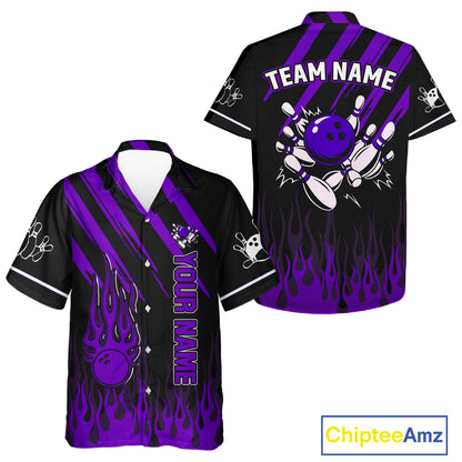 Black and Purple Flame Retro Bowling Button-up Shirt Custom Vintage Team Hawaiian Bowling Jersey NQS11679