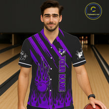 Load image into Gallery viewer, Black and Purple Flame Retro Bowling Button-up Shirt Custom Vintage Team Hawaiian Bowling Jersey NQS11679