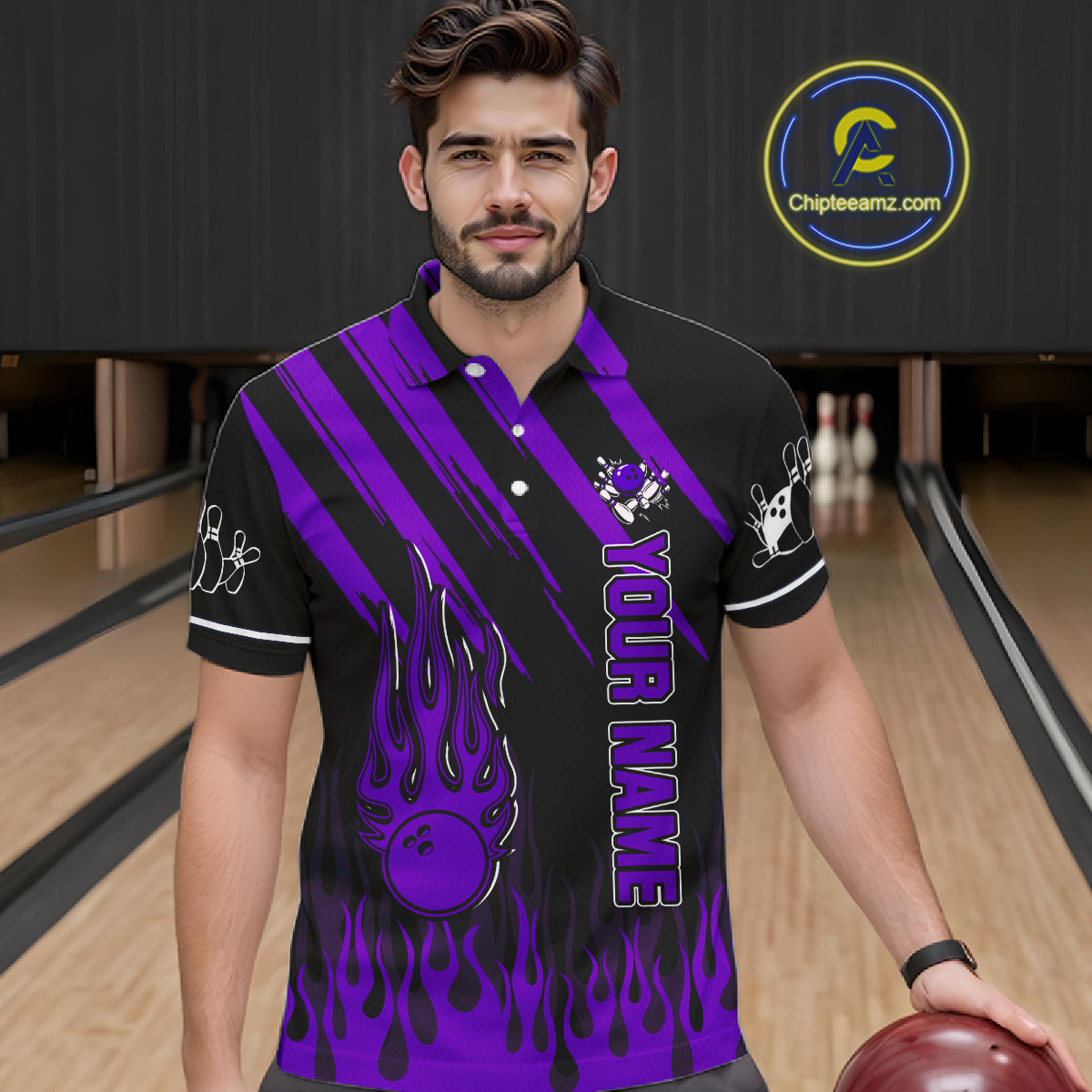 Black and Purple Flame Retro Bowling Polo, 1/4 Zip Shirt for Men Custom Vintage Team Bowling Jersey NQS11679